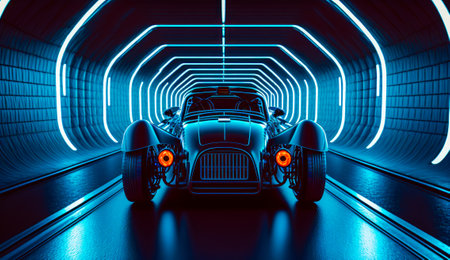 Car driving through tunnel with neon lights on the side of it. Generative AI.の素材