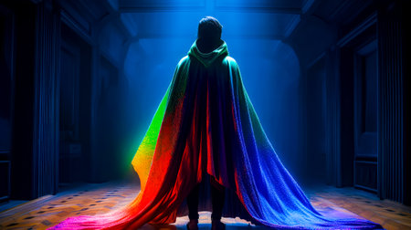 Man in cape is standing in room with rainbow light. Generative AI.の素材