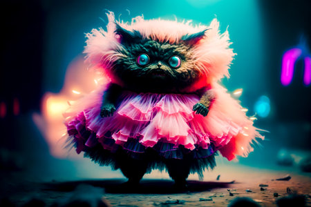 Cat dressed in pink and purple dress with big eyes and furry tail. Generative AI.の素材