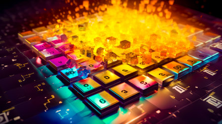 Close up of keyboard with lot of colorful keys on it. Generative AI.の素材