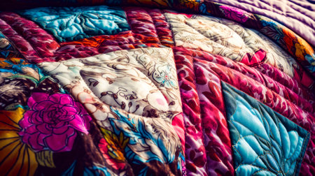 Close up of colorful quilt with many different colors and designs on it. Generative AI.の素材