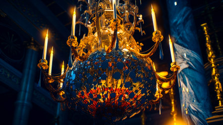 Fancy chandelier hanging from ceiling in room with candles. Generative AI.の素材