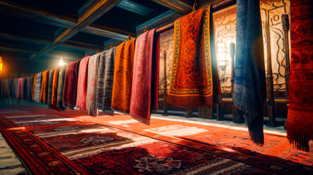 Row of colorful rugs hanging from the ceiling in room with rug on the floor. Generative AI.の素材