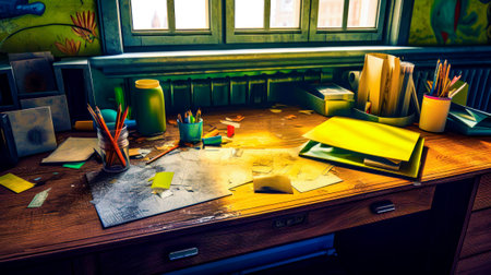 Desk with lot of papers and pencils on top of it. Generative AI.の素材