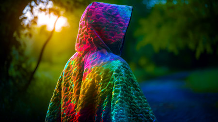 Person wearing hooded jacket with colorful pattern on it's hood. Generative AI.の素材