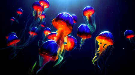 Group of jellyfish floating in the ocean with bright blue background. Generative AI.の素材