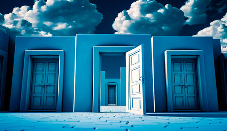 Open door leading to another room with clouds in the sky behind it. Generative AI.の素材