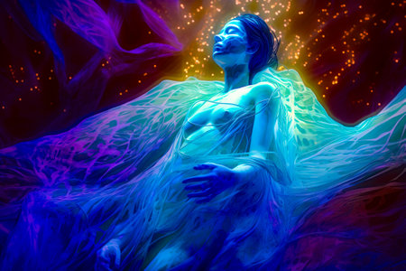 Painting of woman in blue dress sitting in front of firework background. Generative AI.の素材