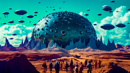 Group of people standing in front of giant object in the middle of desert. Generative AI.の素材