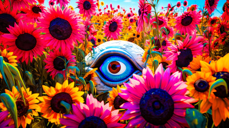 Eyeball in the field of sunflowers with blue sky in the background. Generative AI.の素材