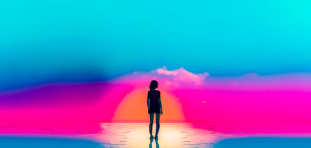 Person standing on the beach with sunset in the background and pink and blue sky in the foreground. Generative AI.の素材