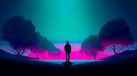 Man standing in front of pink and blue sky with trees in the background. Generative AI.の素材