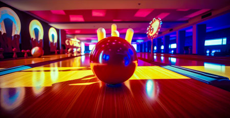 Bowling ball sitting on top of wooden floor next to bowling pins. Generative AI.の素材