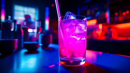 Purple drink sitting on top of table next to neon light. Generative AI.の素材