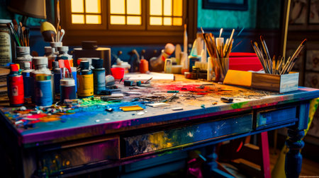 Table topped with lots of paint and a bunch of brushes on top of it. Generative AI.の素材
