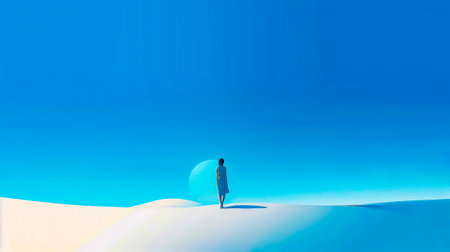 Person standing in the middle of desert with blue sky in the background. Generative AI.の素材