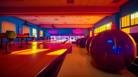 Bowling alley with bowling balls on the floor and bowling alley in the background. Generative AI.の素材