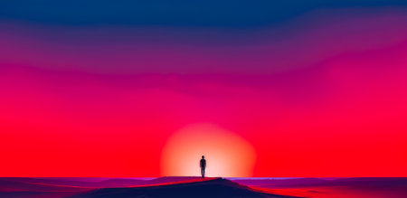 Person standing on top of hill in the middle of sunset. Generative AI.の素材