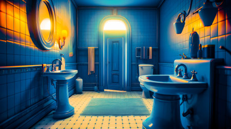 Bathroom with two sinks, toilet, mirror and rug. Generative AI.の素材