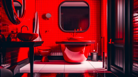 Bathroom with sink, mirror, and stool in red and black. Generative AI.の素材