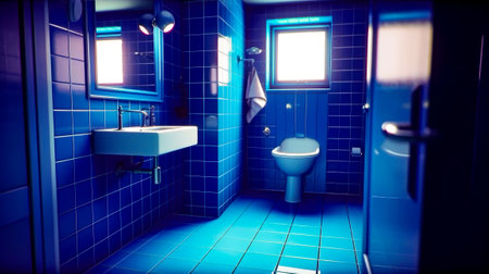 Blue tiled bathroom with toilet, sink, and shower stall. Generative AI.の素材