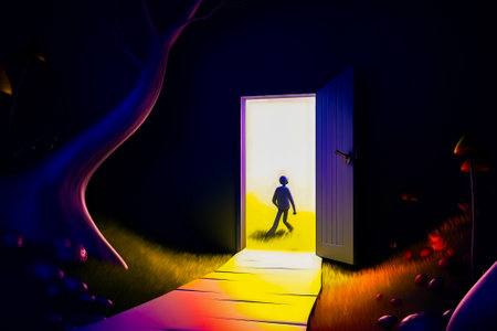 Painting of person walking out of open door into field. Generative AI.の素材