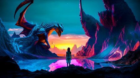 Woman standing in front of dragon next to body of water. Generative AI.の素材