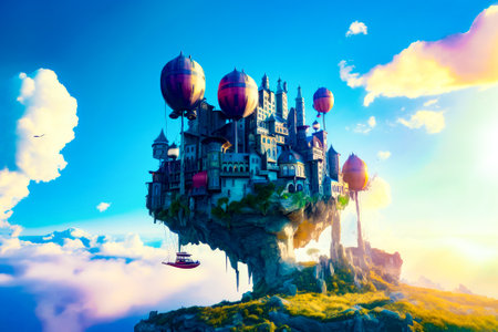 Floating castle in the sky with balloons floating over it and boat floating in the water. Generative AI.の素材