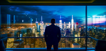 Man standing in front of window looking at city at night. Generative AI.の素材