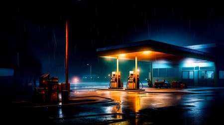 Gas station in the rain at night with full moon in the background. Generative AI.の素材