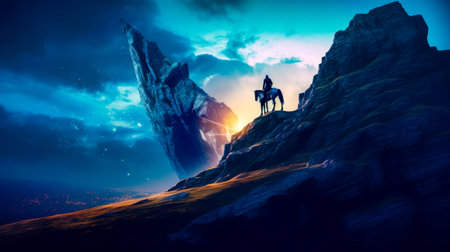 Man riding on the back of horse on top of mountain. Generative AI.の素材