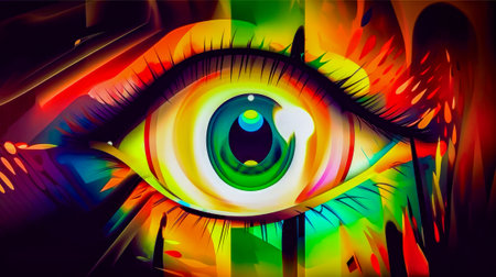 Close up of eye with multicolored lines on the iris. Generative AI.の素材