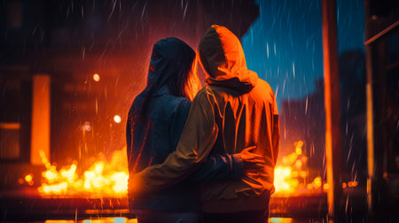 Two people standing in front of fire with their arms around each other. Generative AI.の素材