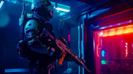 Man in futuristic suit holding rifle in room with neon lights. Generative AI.の素材