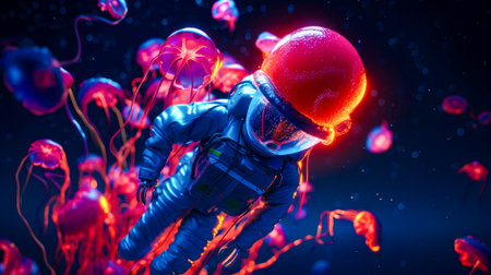 Man in space suit floating in the air with jellyfish around him. Generative AI.の素材