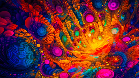 Colorful abstract painting with lots of circles and circles on the bottom of it. Generative AI.の素材