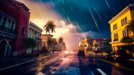 Car driving down street next to palm tree filled street at night. Generative AI.の素材