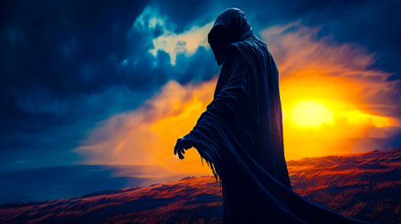 Painting of man in hooded robe holding sceptula. Generative AI.の素材