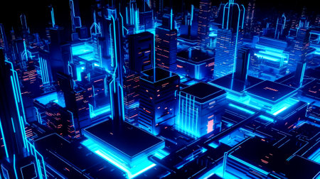 Computer generated image of futuristic city with neon lights and skyscrapers. Generative AI.の素材