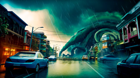 Painting of a huge wave in the middle of the city at night. Generative AI.の素材