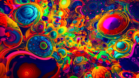 Colorful abstract painting with lots of bubbles and circles on it's surface. Generative AI.の素材