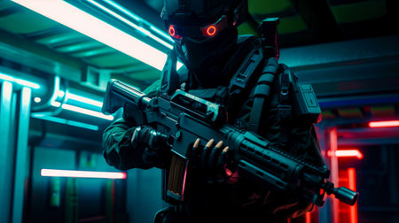 Man in futuristic suit holding machine gun in dark room. Generative AI.の素材