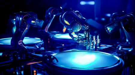 Close up of dj's turntable in dark room. Generative AI.の素材