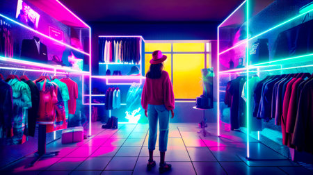 Woman standing in front of closet filled with clothes and other items. Generative AI.の素材