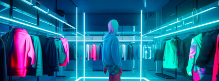 Person standing in front of mirror in room filled with clothes. Generative AI.の素材