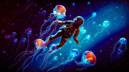 Man in diving suit surrounded by jellyfish in blue ocean. Generative AI.の素材