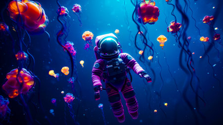 Astronaut floating in the ocean surrounded by jellyfish and jellyfish floats. Generative AI.の素材
