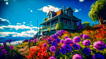 Large house sitting on top of lush green hillside covered in flowers. Generative AI.の素材
