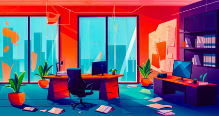 Room with desk, chair, and window with view of the ocean. Generative AI.の素材