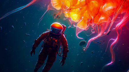 Man in space suit floating in the water with jelly fish in the background. Generative AI.の素材
